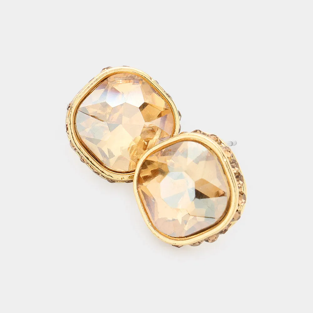 Rhinestone Trimmed Light Topaz Square Stone Stud Earrings  | Interview Earrings | 575950