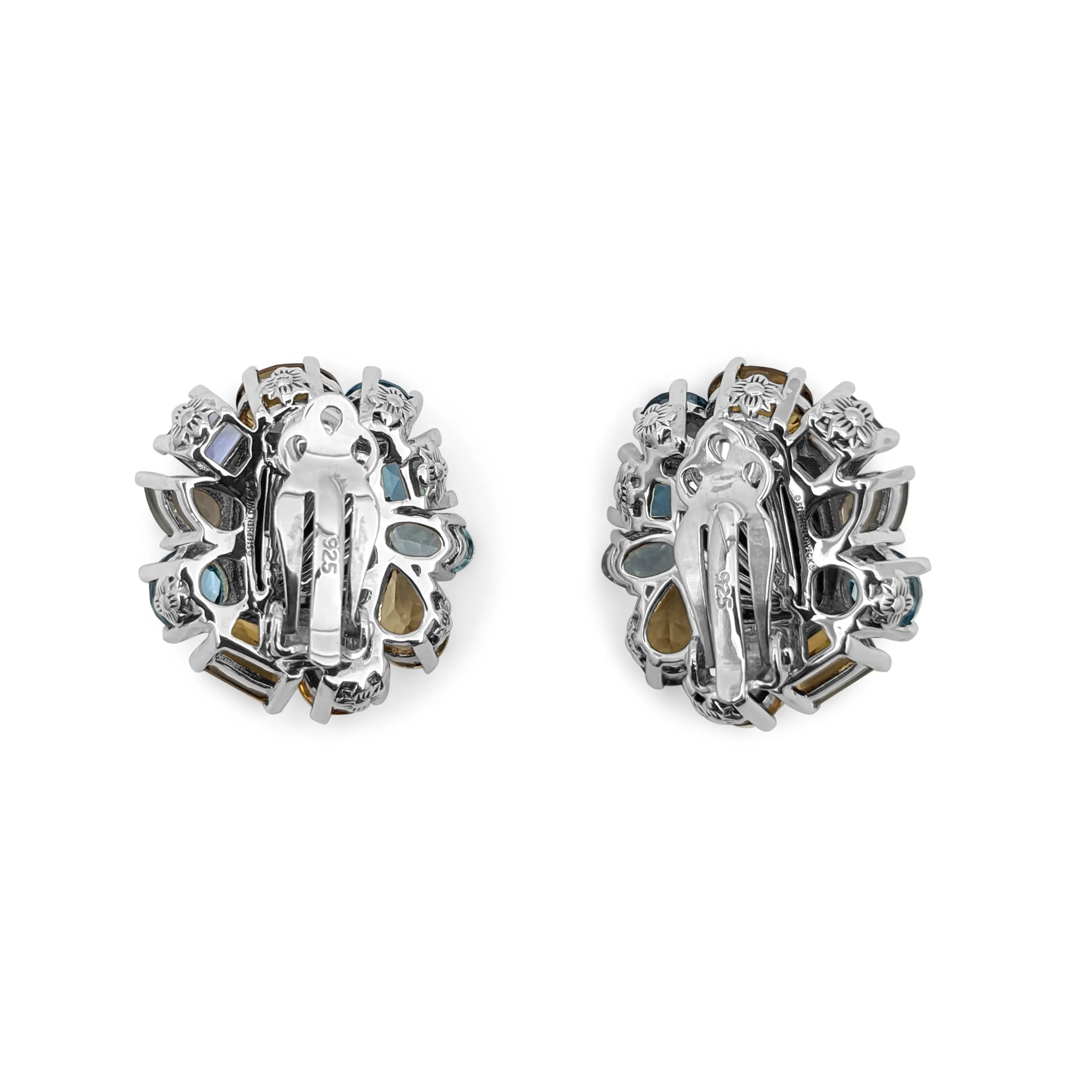 Rockrageous Flower Cluster Drop with Gold Rutilated Qtz Over Hematite, Sky, Swiss and London Blue Topaz, Citrine, Iolite, Grey Moonstone Gemstones Earring in Sterling Silver