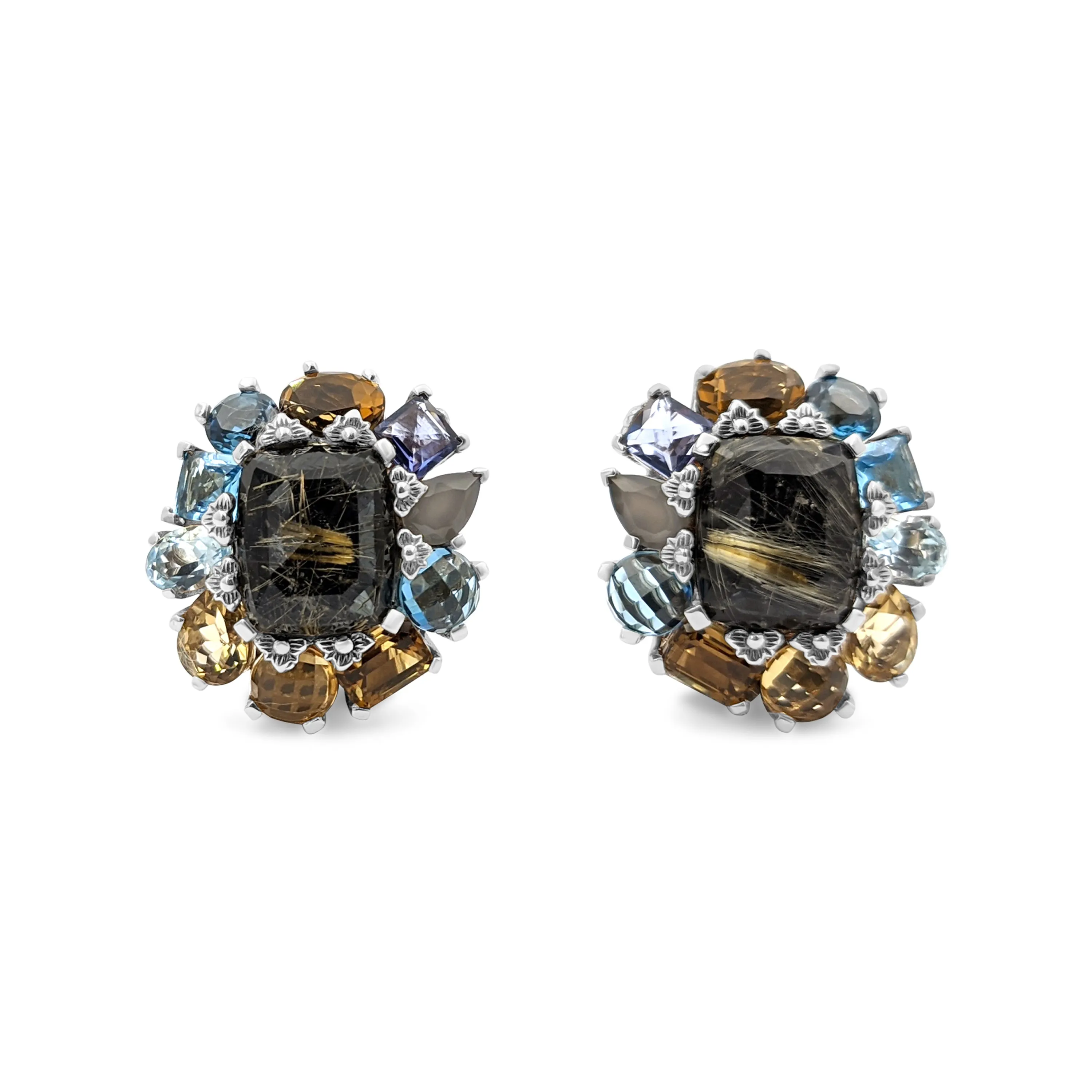 Rockrageous Flower Cluster Drop with Gold Rutilated Qtz Over Hematite, Sky, Swiss and London Blue Topaz, Citrine, Iolite, Grey Moonstone Gemstones Earring in Sterling Silver