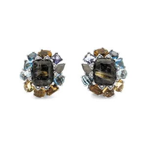 Rockrageous Flower Cluster Drop with Gold Rutilated Qtz Over Hematite, Sky, Swiss and London Blue Topaz, Citrine, Iolite, Grey Moonstone Gemstones Earring in Sterling Silver