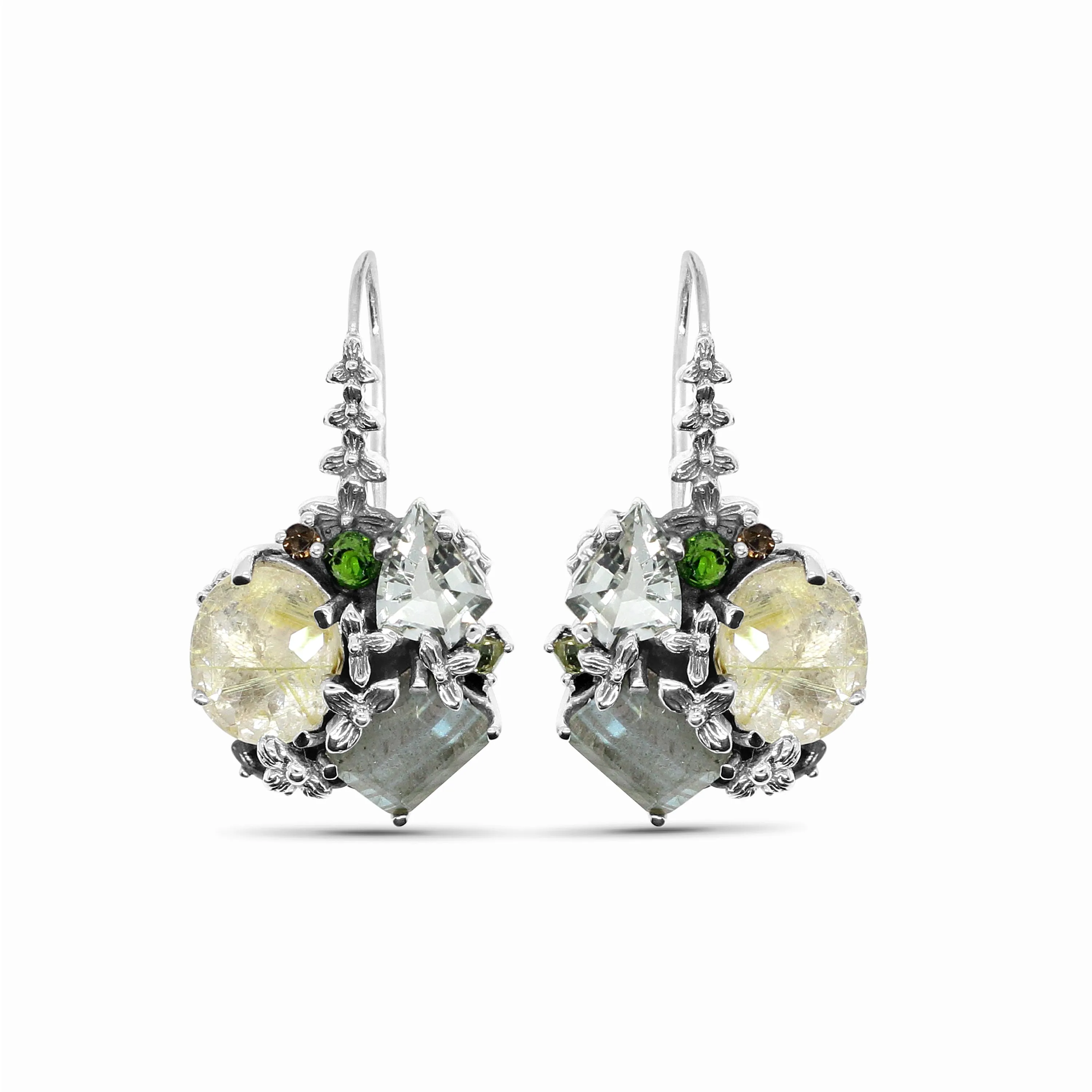 Rockrageous Gold Hair Rutilated Quartz Labradorite Green Prasiolite Peridot Chrome Diopside and Smoky Quartz Earrings in Sterling Silver