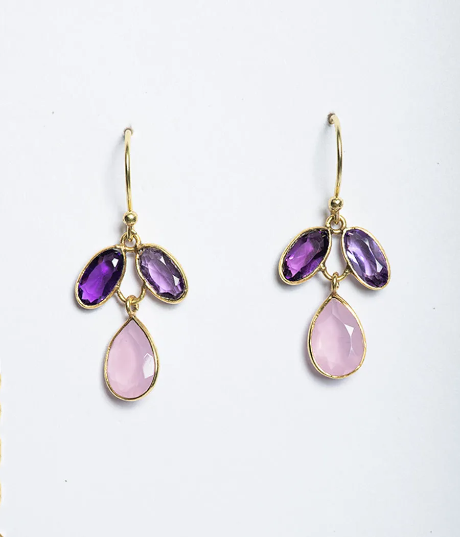 Rose Chalcedony & Amethyst Earrings with Gold Plating