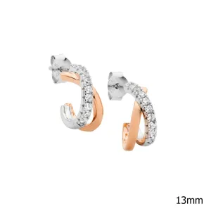 Rose Gold Plated Sterling Silver Half and Half Cross Over Earrings with Cubic Zirconias E598R