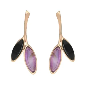 Rose Gold Plated Sterling Silver Whitby Jet Amethyst Leaf Drop Stud Earrings