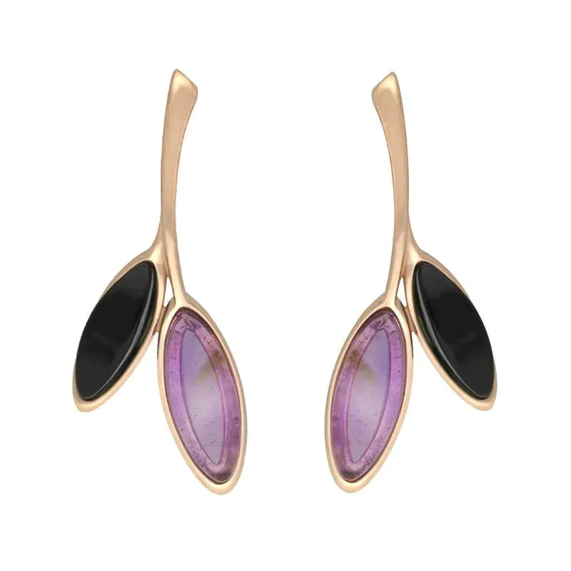 Rose Gold Plated Sterling Silver Whitby Jet Amethyst Leaf Drop Stud Earrings