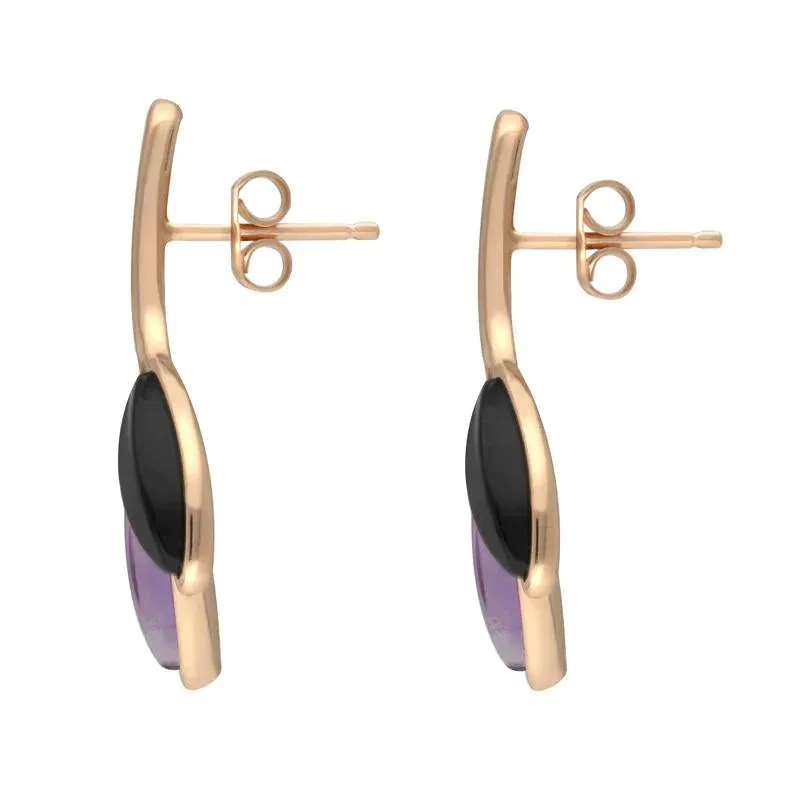 Rose Gold Plated Sterling Silver Whitby Jet Amethyst Leaf Drop Stud Earrings