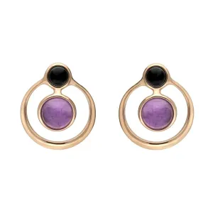 Rose Gold Plated Sterling Silver Whitby Jet Amethyst Open Circle Stud Earrings