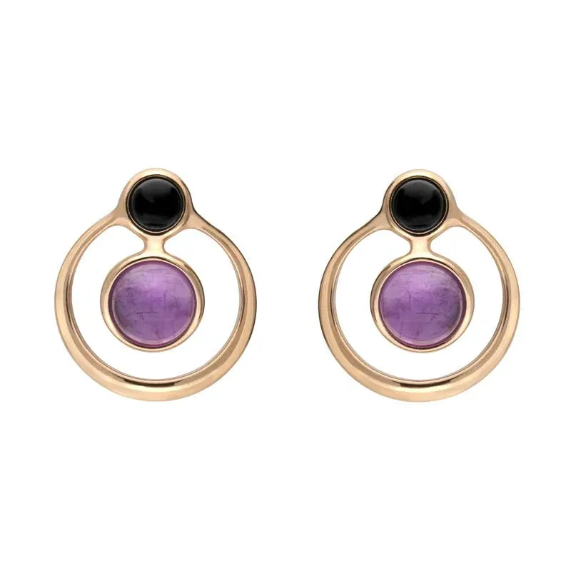 Rose Gold Plated Sterling Silver Whitby Jet Amethyst Open Circle Stud Earrings