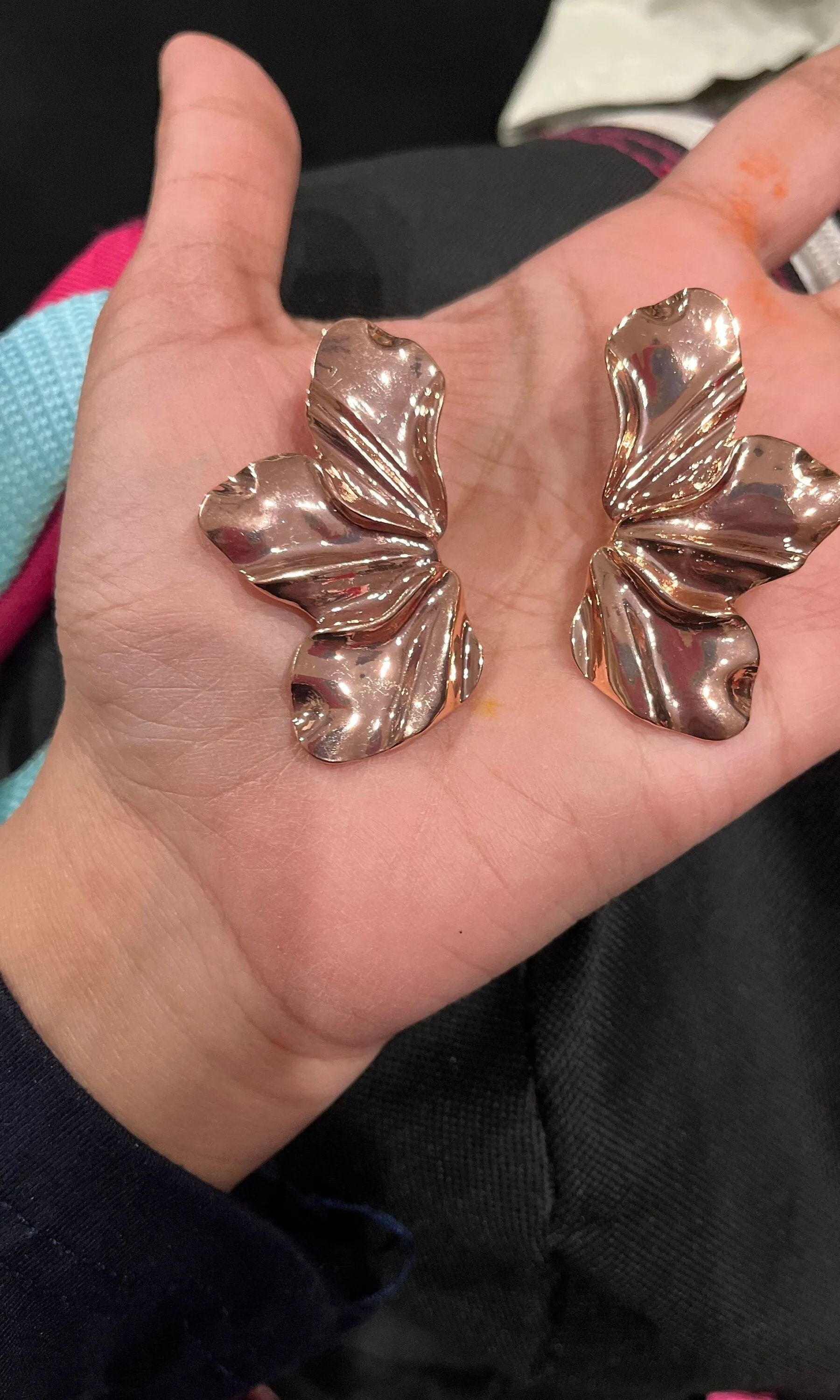 rose gold stud earrings ,big  rose gold statement bold  studs large , flower petal earrings , chunky metal shiny stud earrings