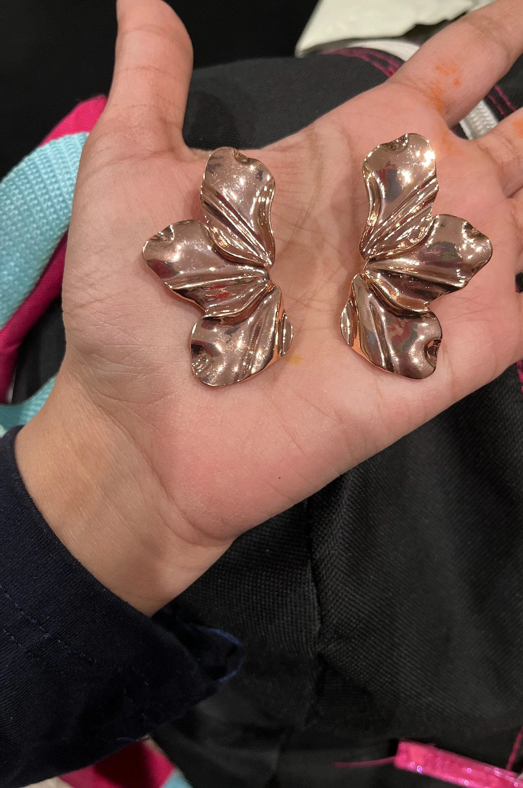 rose gold stud earrings ,big  rose gold statement bold  studs large , flower petal earrings , chunky metal shiny stud earrings