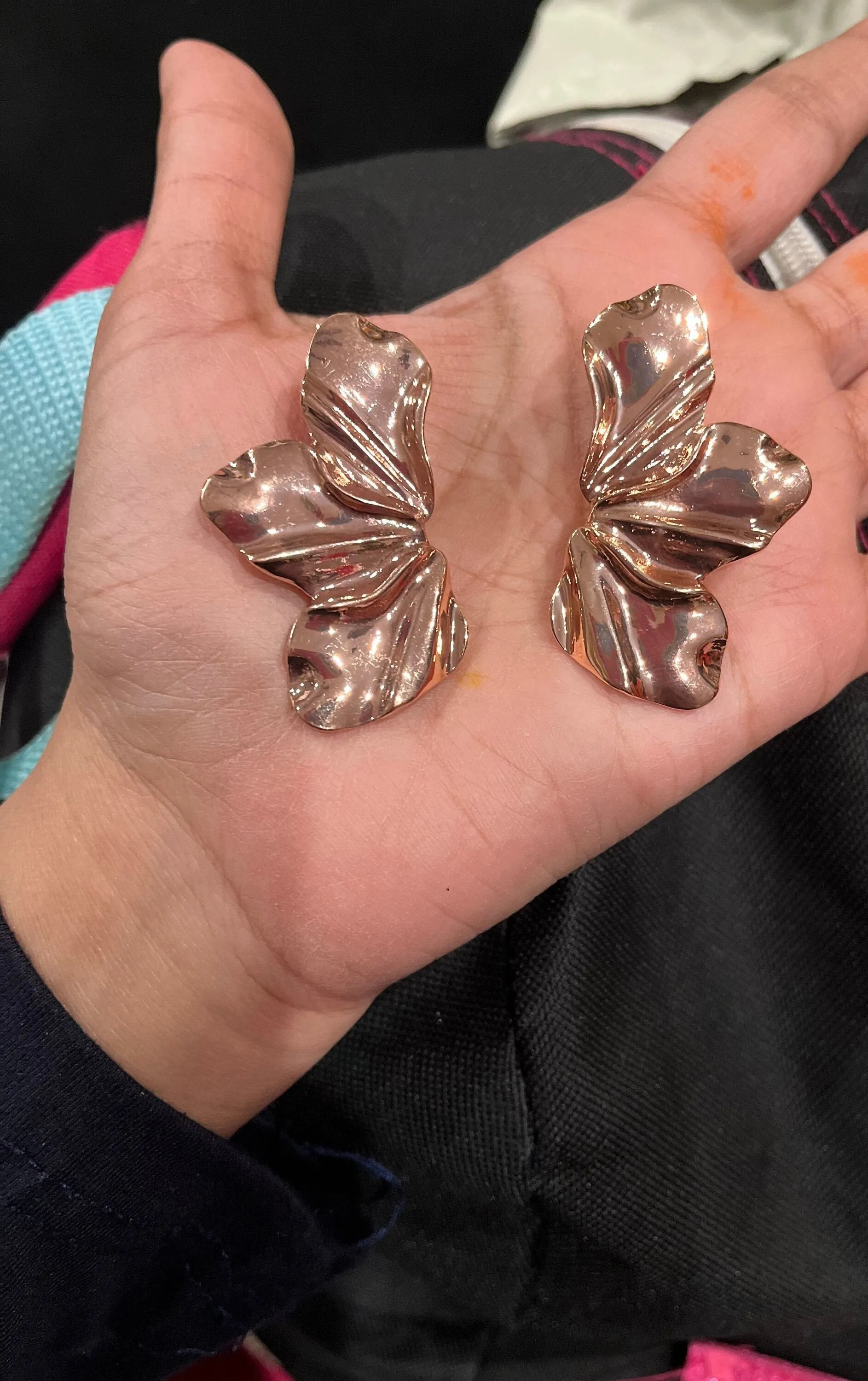rose gold stud earrings ,big  rose gold statement bold  studs large , flower petal earrings , chunky metal shiny stud earrings