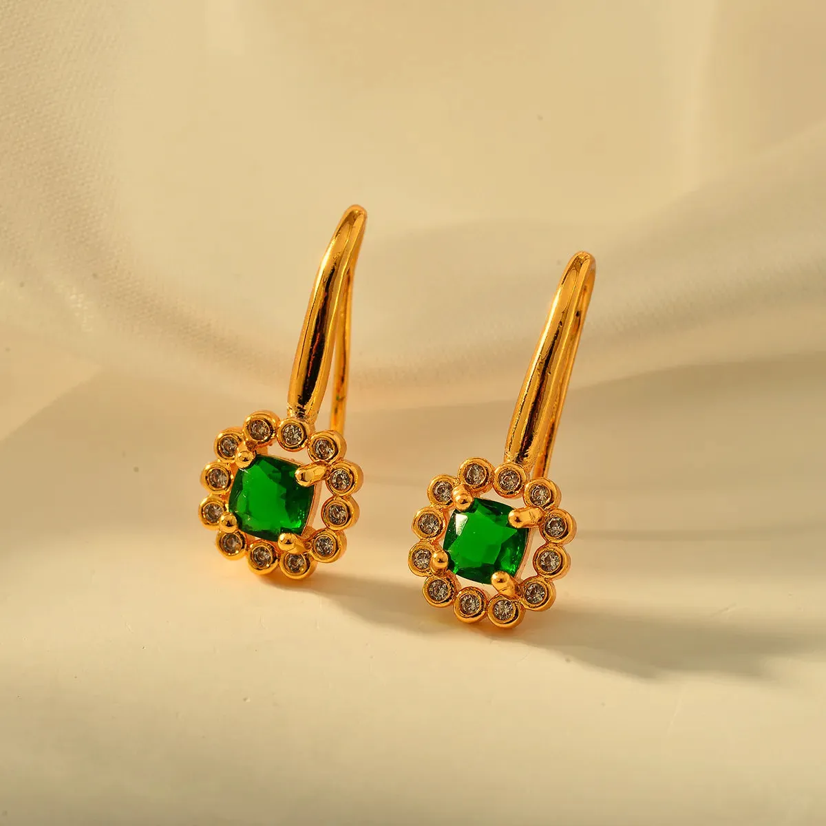Round Inlay Copper Zircon 18K Gold Plated Drop Earrings