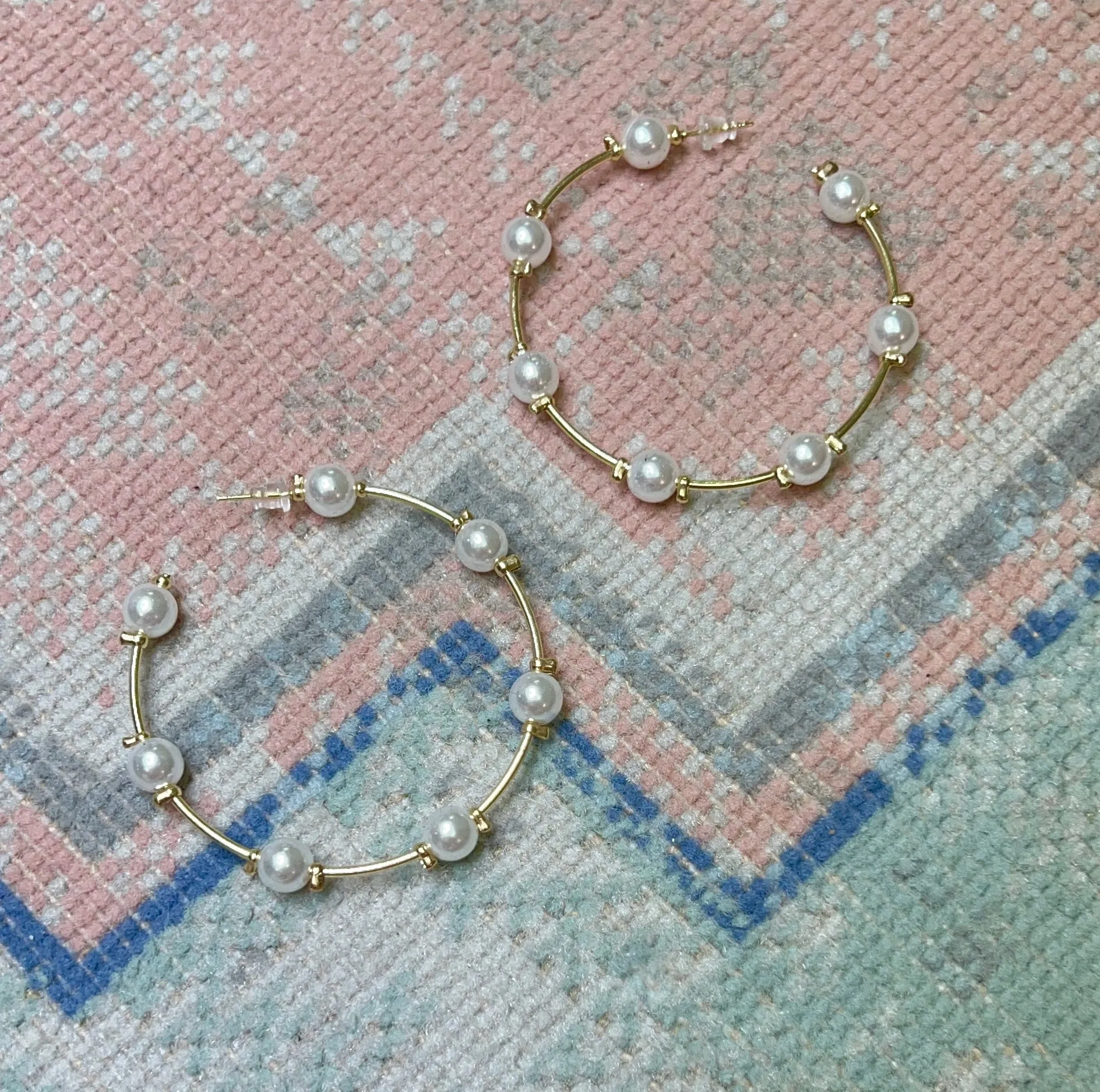 SALE Gold Pearl Open Hoop Earrings