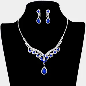 Sapphire Crystal Teardrop Stone Rhinestone Prom Necklace - Clip on Earrings | Prom Jewelry | 532963