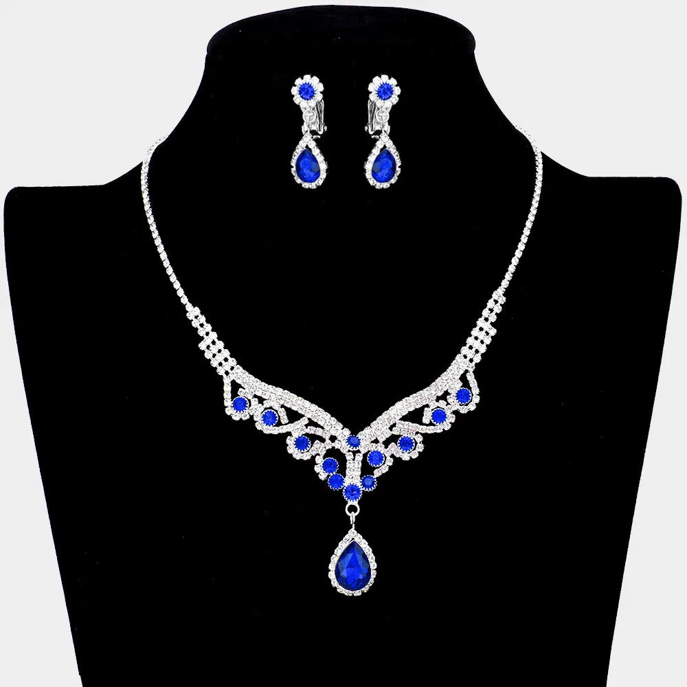 Sapphire Crystal Teardrop Stone Rhinestone Prom Necklace - Clip on Earrings | Prom Jewelry | 532963
