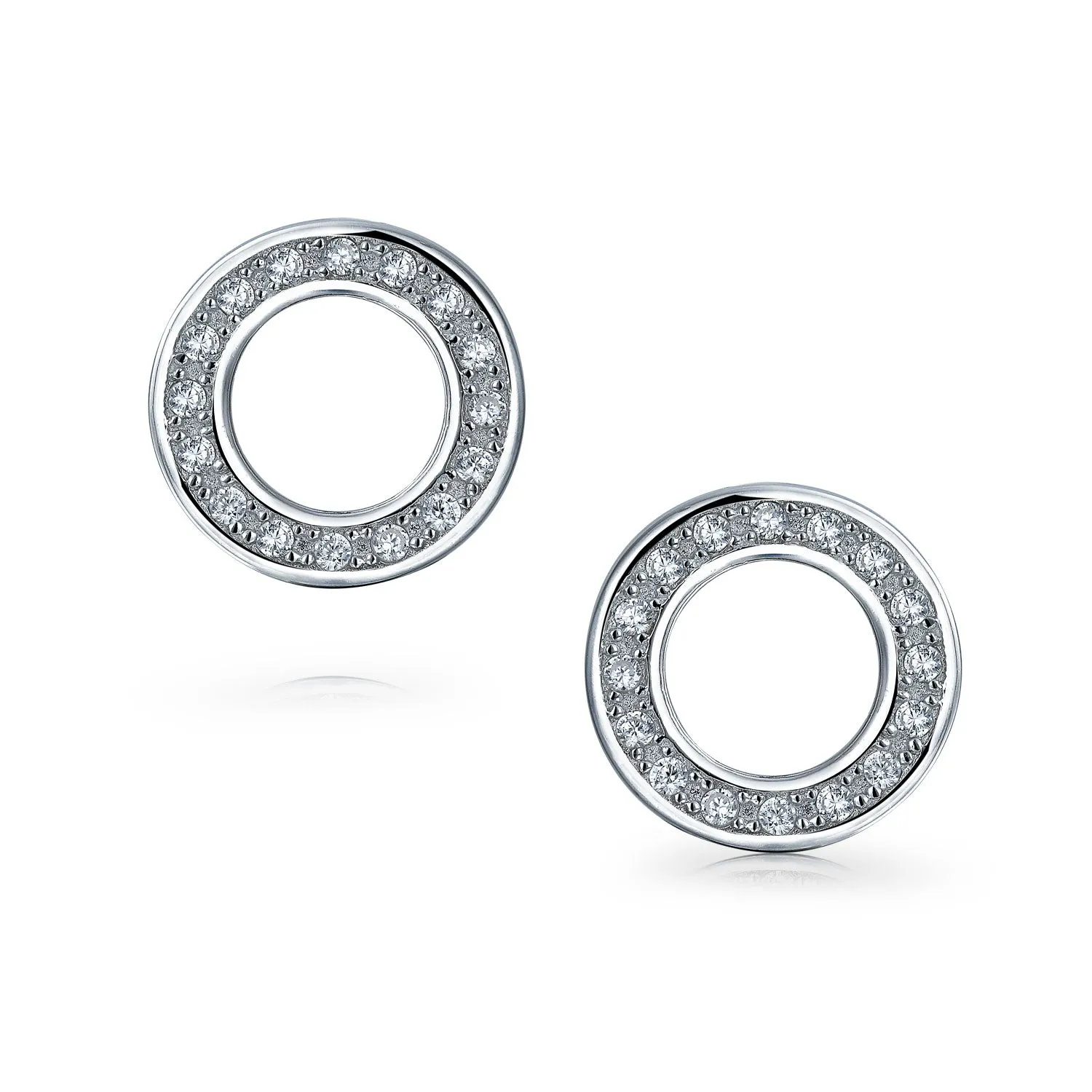 Set of 2 Open Circle Disc Pave CZ Stud Earrings Rose Gold Plated Sterling Silver
