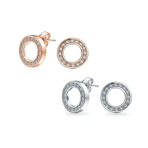 Set of 2 Open Circle Disc Pave CZ Stud Earrings Rose Gold Plated Sterling Silver