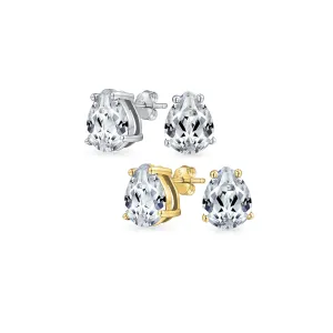 Set of 2 Pear Shape CZ Stud Earrings Teardrop Solitaire Gold Sterling Silver 6MM