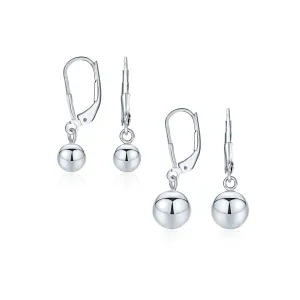 Set of 2 Round Dangle Drop Ball Earrings Silver 6MM & 8MM Beads Lever Back