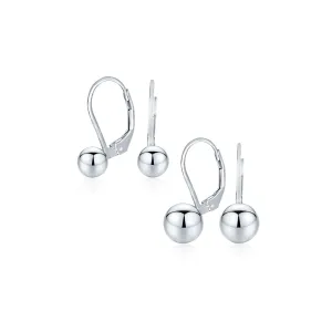 Set of 2 Round Drop Ball Earrings Bead Sterling Silver 6MM & 8MM Bead Lever Back