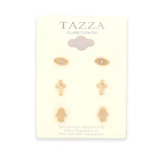SET OF 3 GOLD CROSS AND EVIL EYES 9MM MINI STUD EARRING #SWKK-6672MG