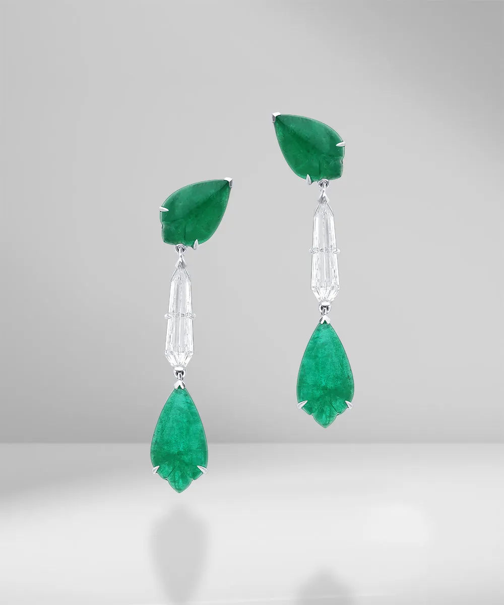 Shield cut diamond and leaf shape emerald earring