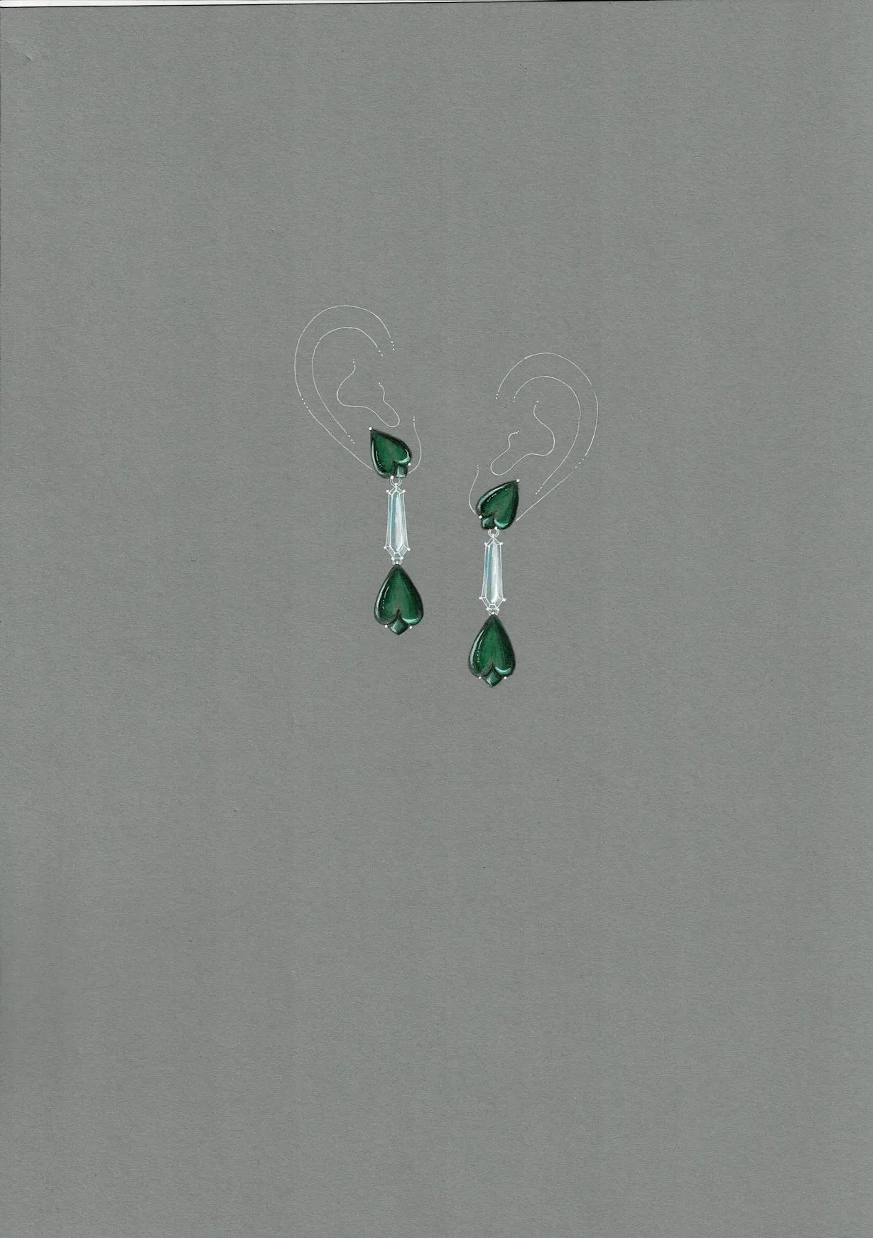 Shield cut diamond and leaf shape emerald earring