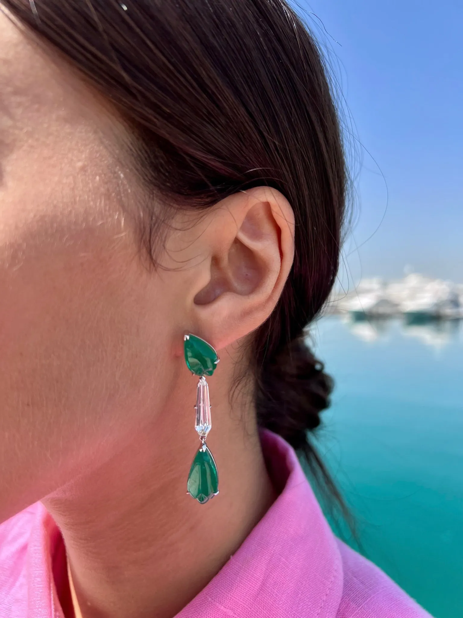 Shield cut diamond and leaf shape emerald earring
