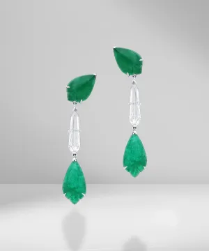Shield cut diamond and leaf shape emerald earring