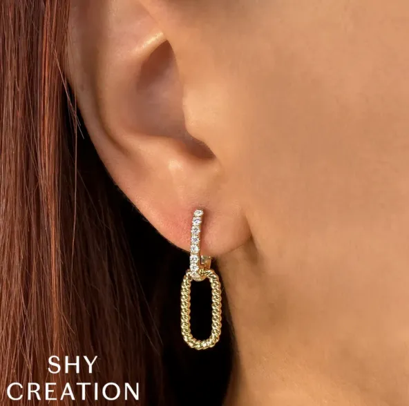 Shy Creation Open Link Beaded Gold and Diamond Drop Earrings