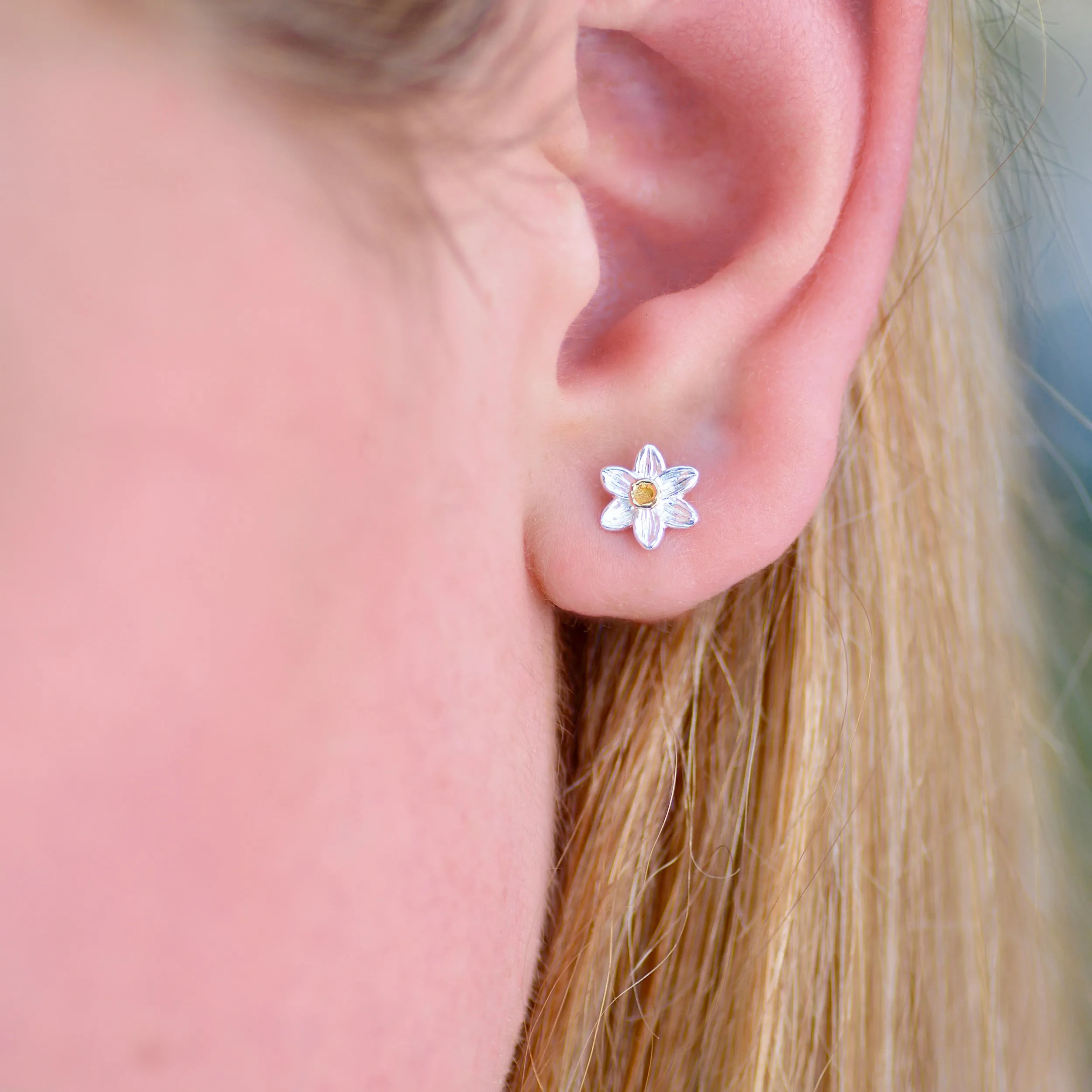 Silver And Gold Daffodil Stud Earrings
