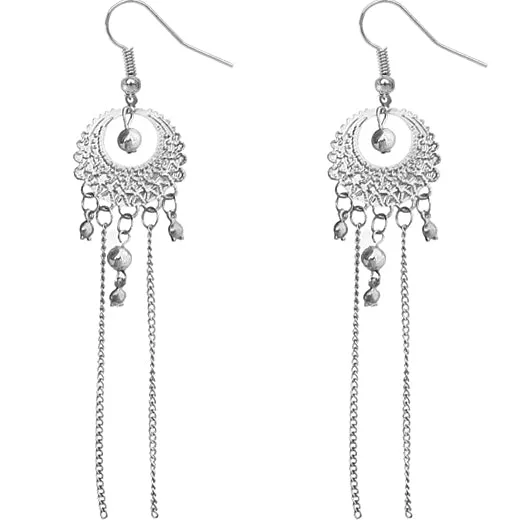 Silver Beaded Drop Chain Dangle Earrings