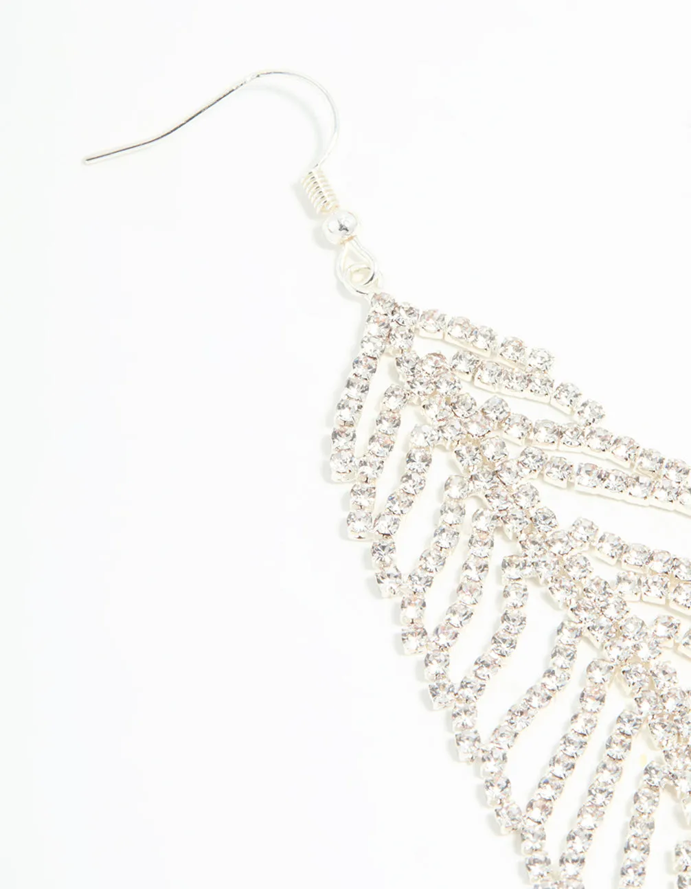 Silver Diamante Leaf Outline Hook Large Drop Earrings