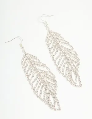 Silver Diamante Leaf Outline Hook Large Drop Earrings