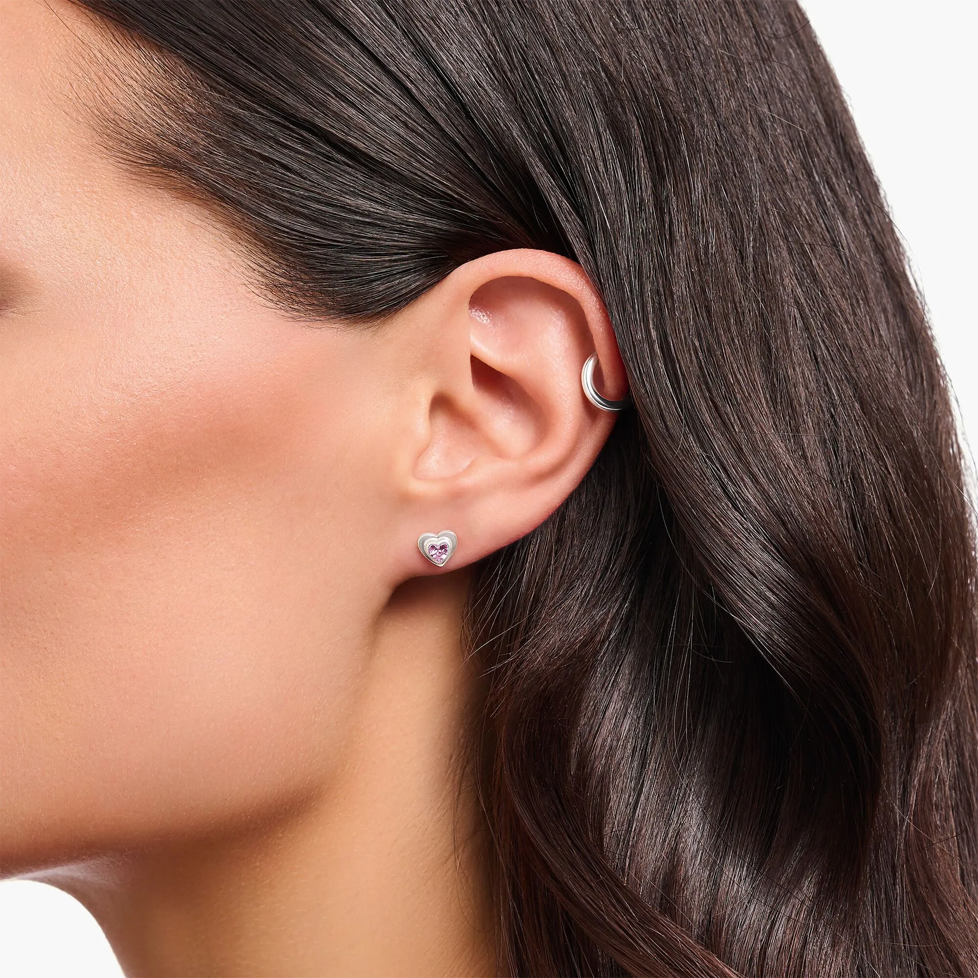 Silver Ear studs in heart-shape with pink zirconia