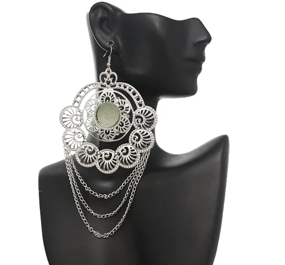 Silver Filigree Drop Chain Earrings