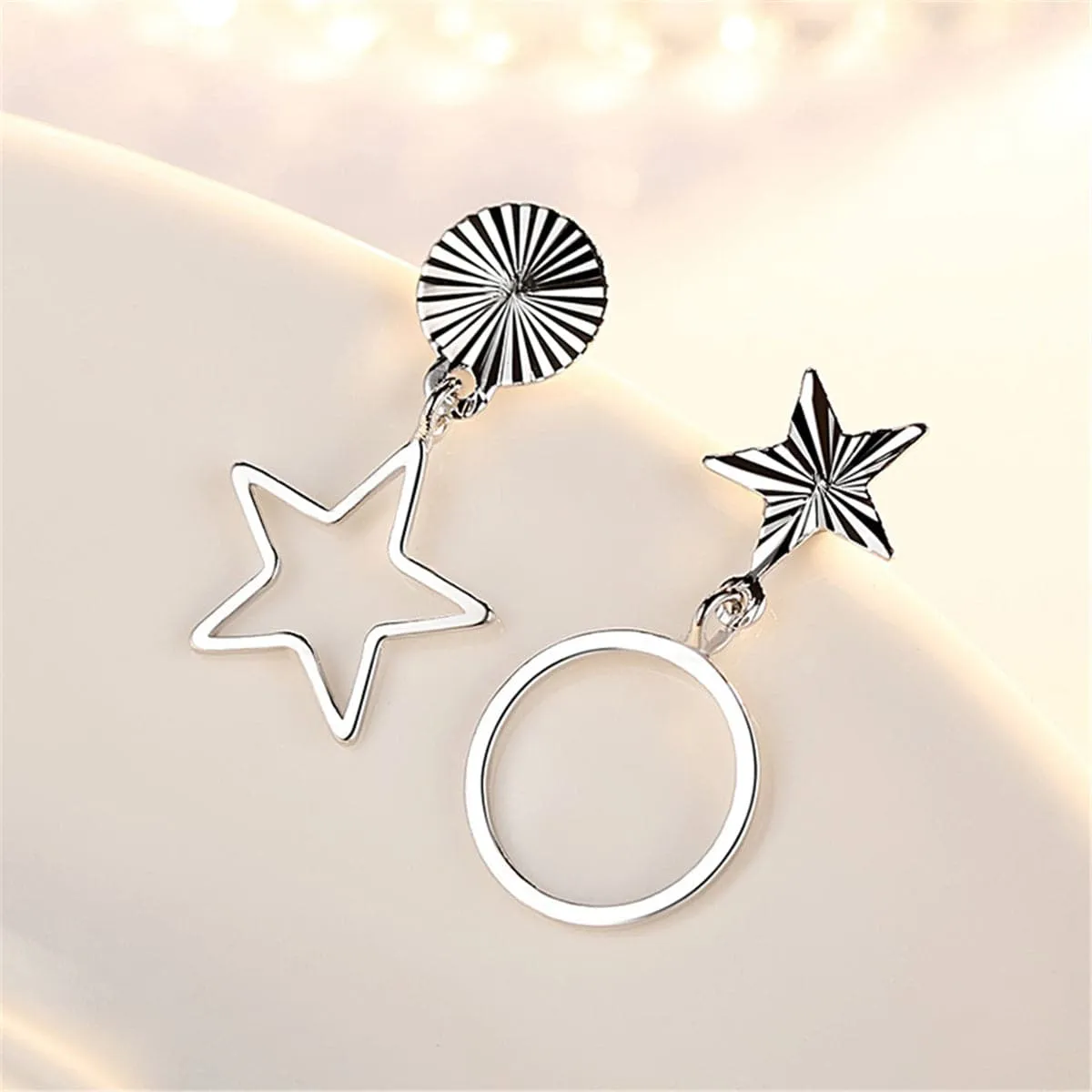 Silver-Plated Open Circle & Star Asymmetrical Drop Earrings
