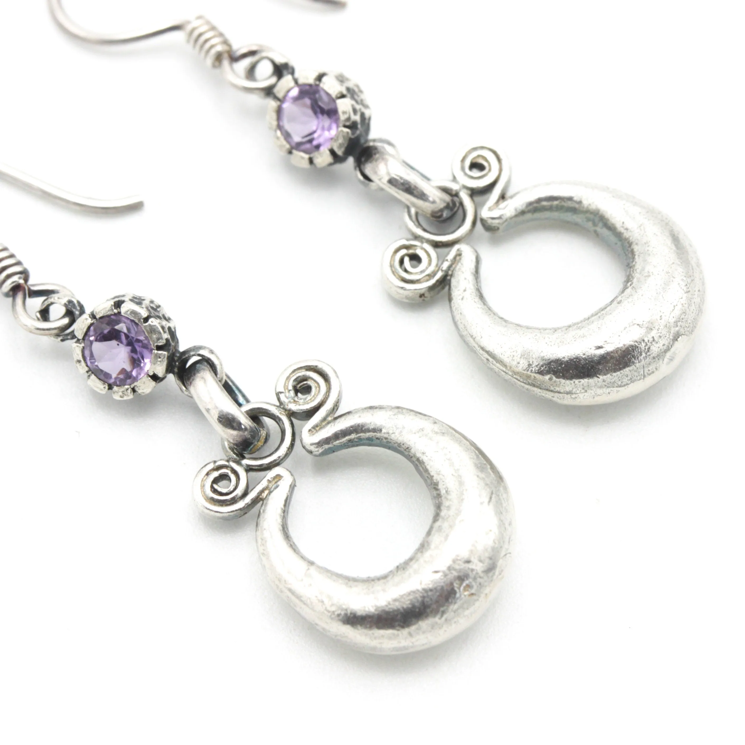 Silver pot luck coin earrings with Amethyst gemstone and hooks style on the top