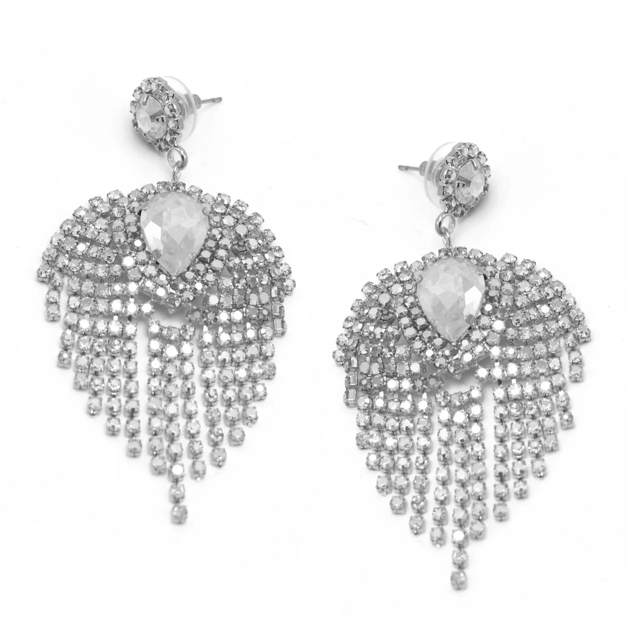 SILVER RHINESTONES CRYSTAL DROP EARRINGS #27324CR-S (RD27)