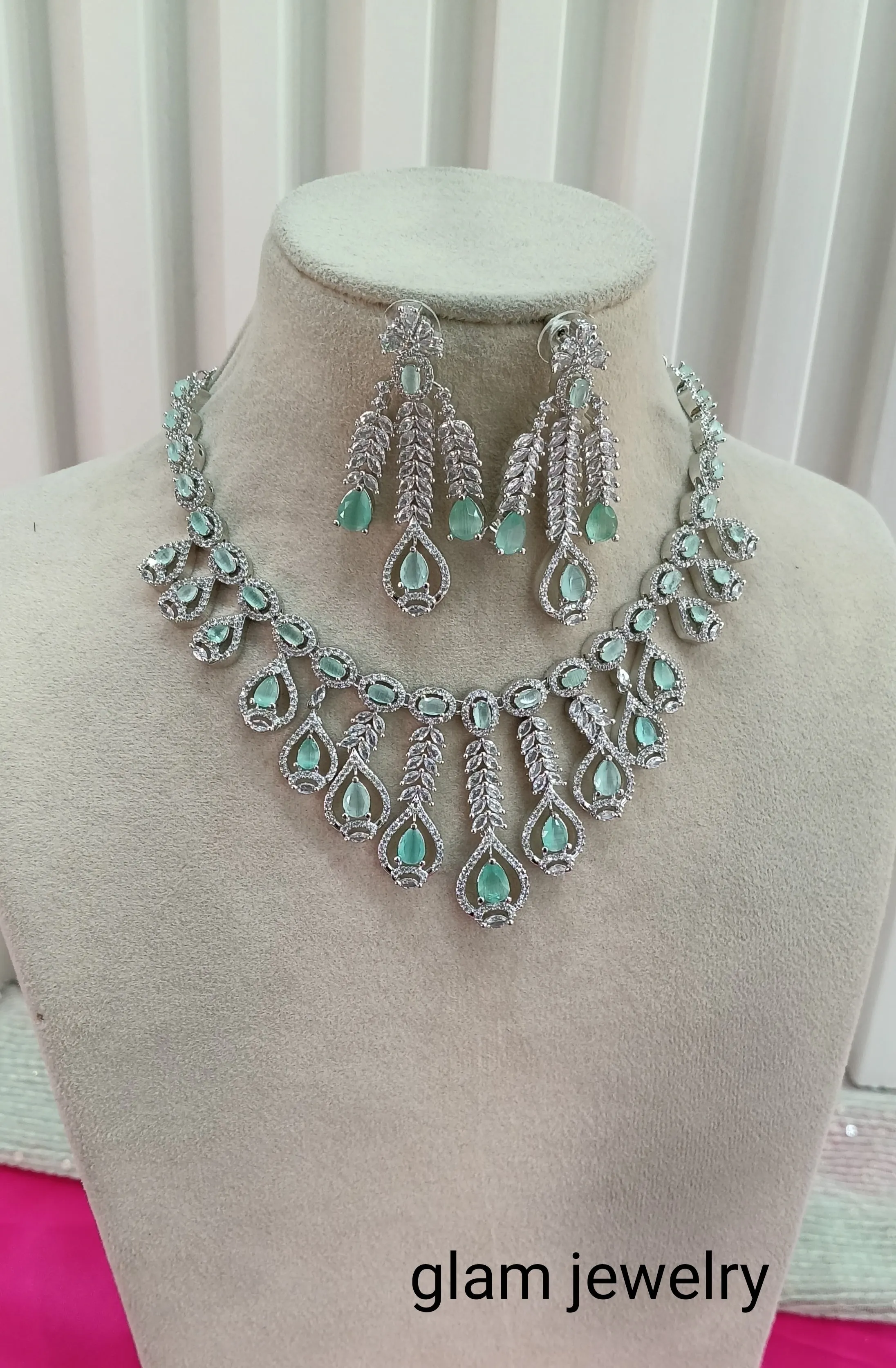 Silver Sea Green American Diamond CZ Necklace Micki Set