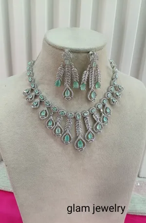 Silver Sea Green American Diamond CZ Necklace Micki Set