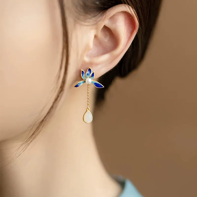 Simulated Hetian Jade Tassel Earrings S925 Sterling Silver Lotus Court Style Drop Earrings