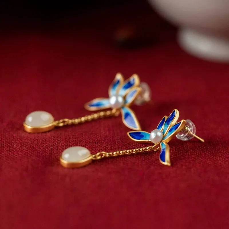 Simulated Hetian Jade Tassel Earrings S925 Sterling Silver Lotus Court Style Drop Earrings