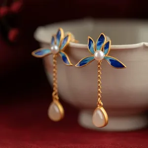 Simulated Hetian Jade Tassel Earrings S925 Sterling Silver Lotus Court Style Drop Earrings