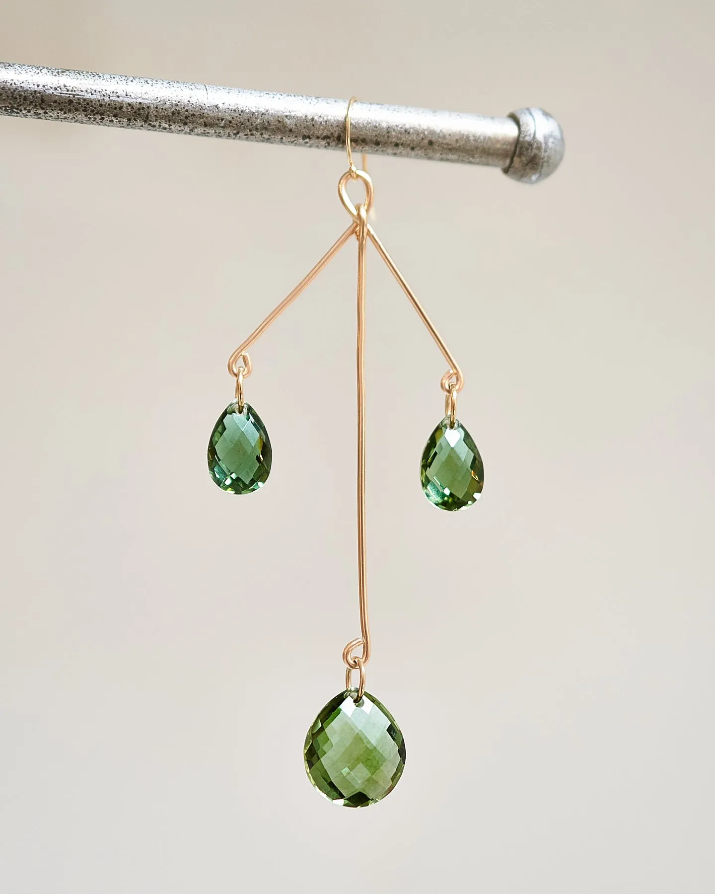 {Single} Trinity Sculpture Deep Green Amethyst Earrings