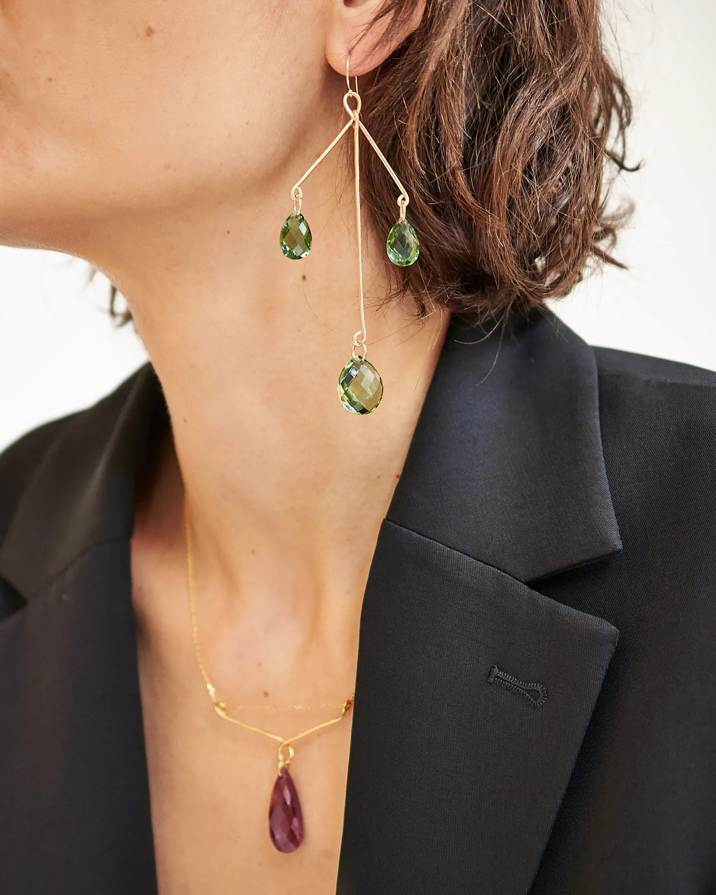 {Single} Trinity Sculpture Deep Green Amethyst Earrings