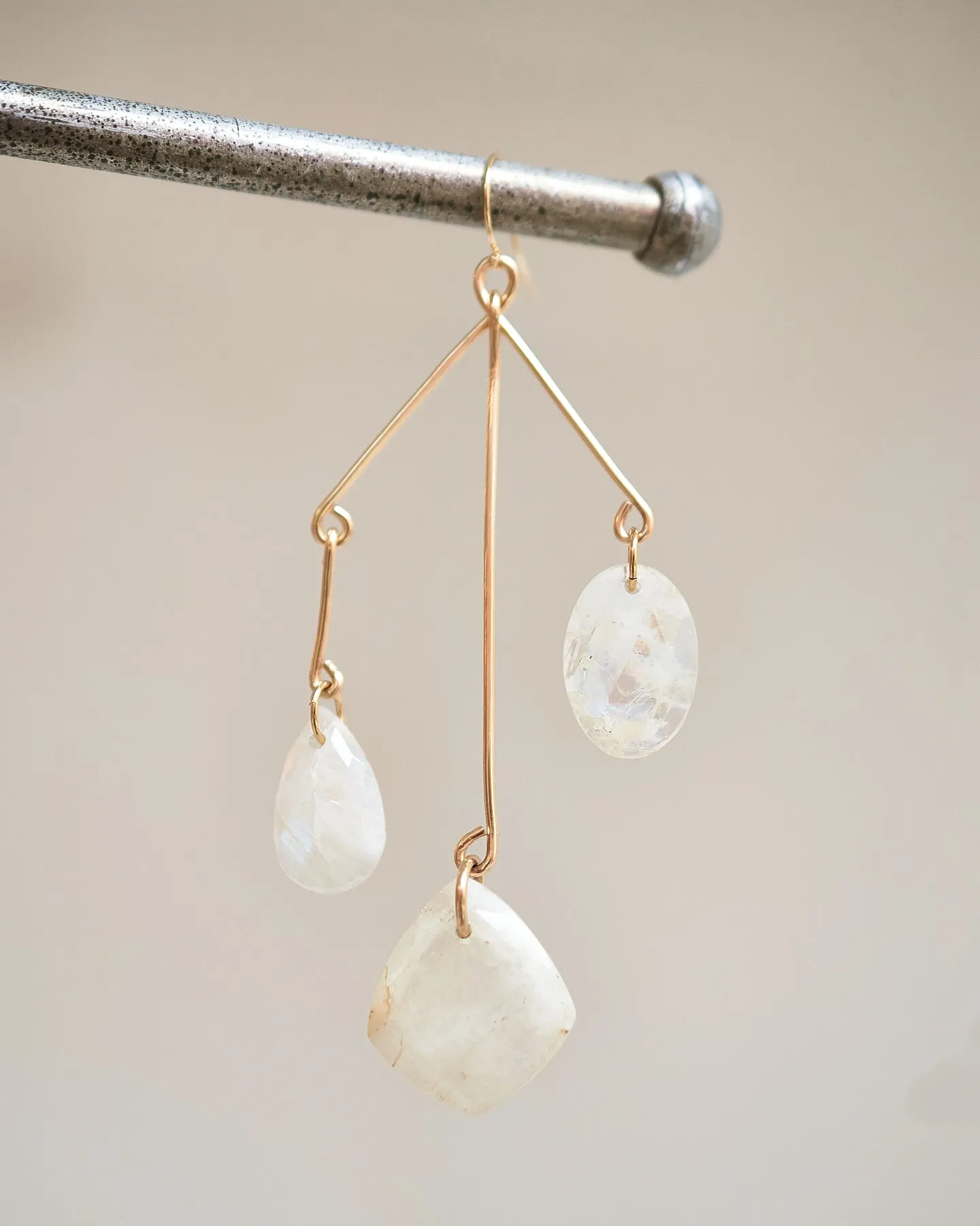 {Single} Trinity Sculpture Rainbow Moonstone Earrings
