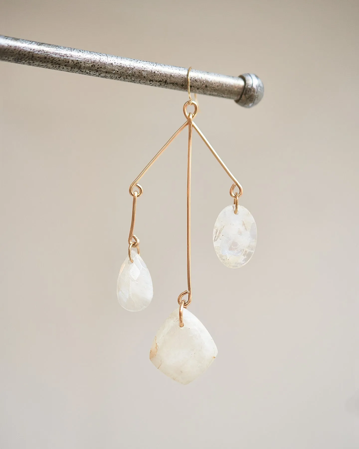 {Single} Trinity Sculpture Rainbow Moonstone Earrings
