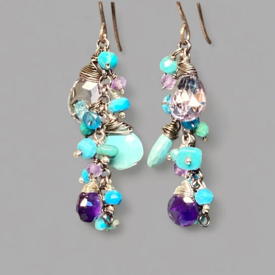 Sleeping Beauty Turquoise Dangle Earrings with Amethyst in Oxidized Sterling Silver