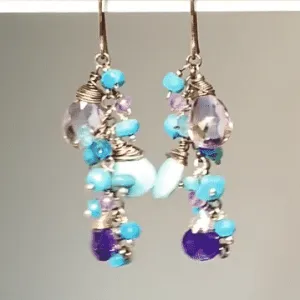 Sleeping Beauty Turquoise Dangle Earrings with Amethyst in Oxidized Sterling Silver